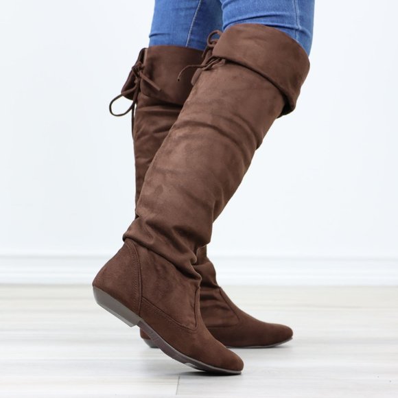 Fold Over Brown Thigh High Over The Knee Flat No Heel Boots Faux Suede Pointed - Picture 5 of 14